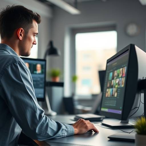 Editor de vídeo trabalhando em um projeto em um computador.