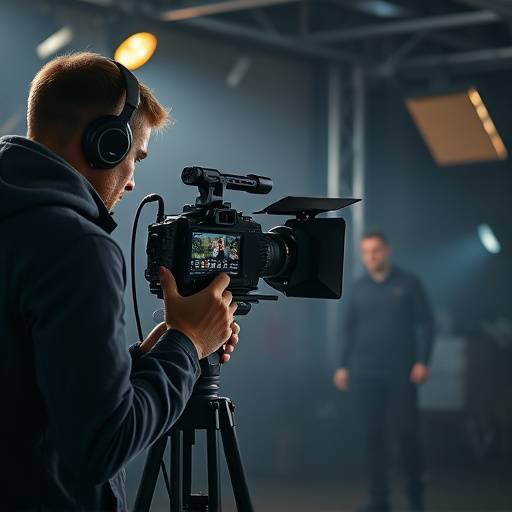 Equipe de filmagem gravando um vídeo com câmeras e iluminaäão profissional.