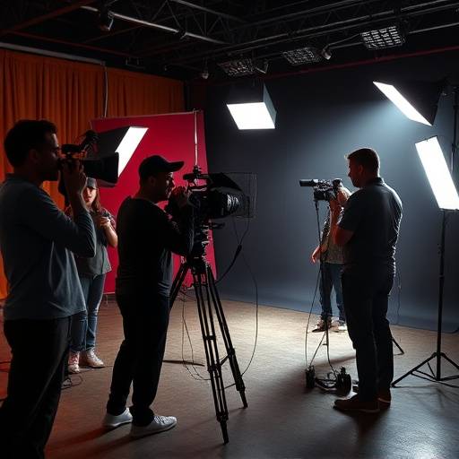 Equipe de filmagem gravando um vídeo em um estüdio.