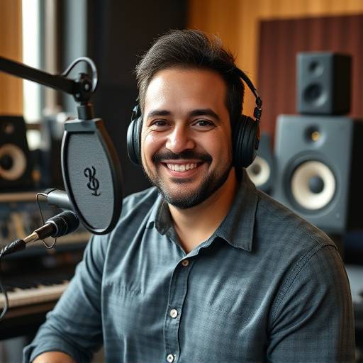 Foto de Carlos Pereira, produtor musical, sorrindo em um estüdio.