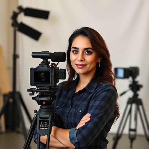 Foto de Fernanda Costa, diretora de arte, posando em frente a um cenário de filmagem.