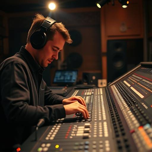 Técnico de som mixando faixas de áudio em uma mesa de som.